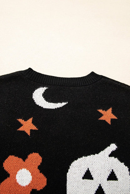 Black Halloween Mythical Night Pattern Drop Shoulder Sweater - Goddess Vibes
