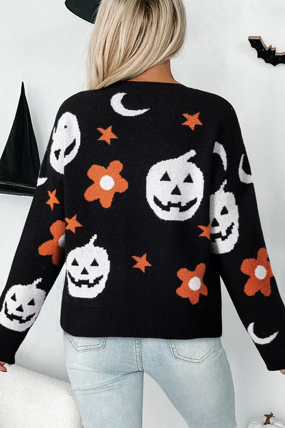 Black Halloween Mythical Night Pattern Drop Shoulder Sweater - Goddess Vibes