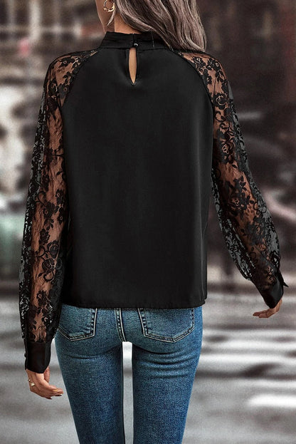 Black Keyhole Neckline Floral Lace Raglan Sleeve Blouse - Goddess Vibes