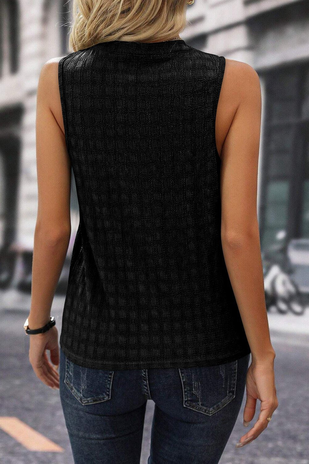 Black Lattice Textured Split Neck Tank Top - Goddess Vibes