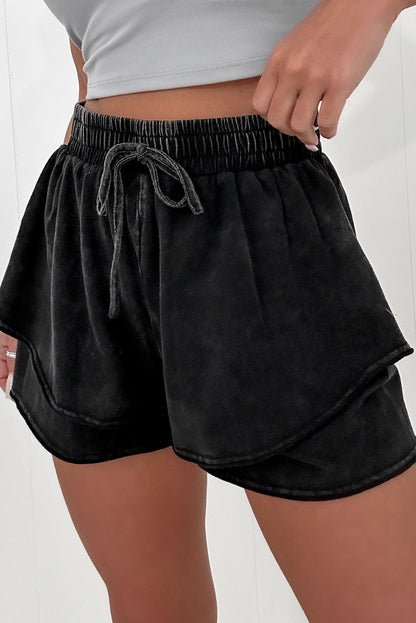 Black Mineral Wash French Terry Drawstring Elastic Waistband Casual Shorts - Goddess Vibes