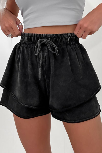 Black Mineral Wash French Terry Drawstring Elastic Waistband Casual Shorts - Goddess Vibes