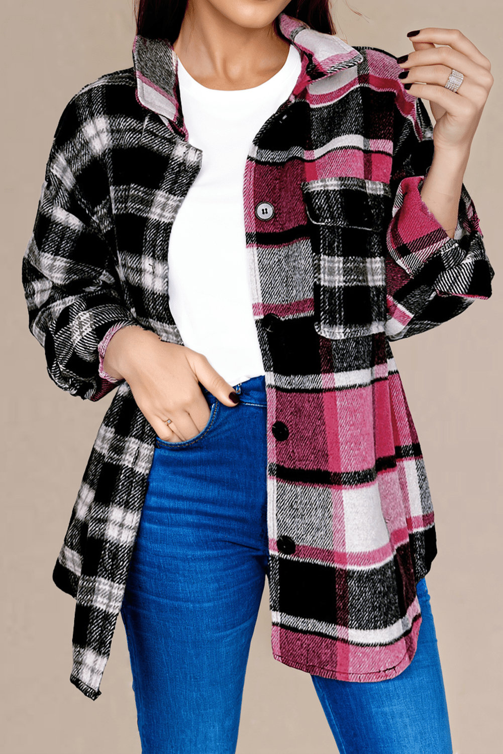 Black Plaid Colorblock Loose Shacket - Goddess Vibes