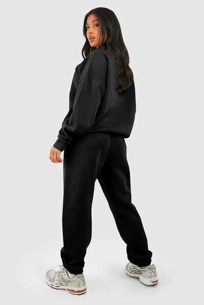 Black Plain Half Zip V Neck Ribbed Edge Loose Tracksuit - Goddess Vibes