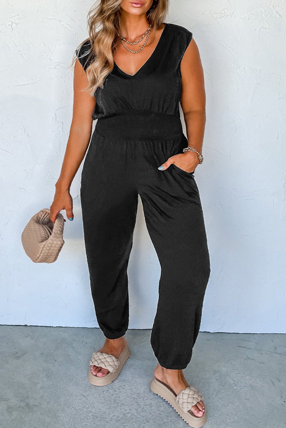 Black Plus Smocked High Waist Sleeveless V Neck Jumpsuit - Goddess Vibes
