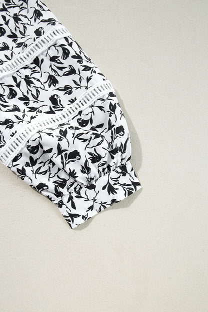 Black Printed Lace Detail Floral Puff Sleeve Fall Shirt - Goddess Vibes