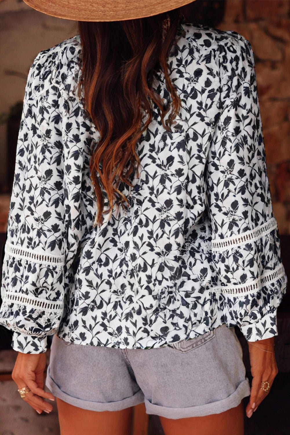 Black Printed Lace Detail Floral Puff Sleeve Fall Shirt - Goddess Vibes