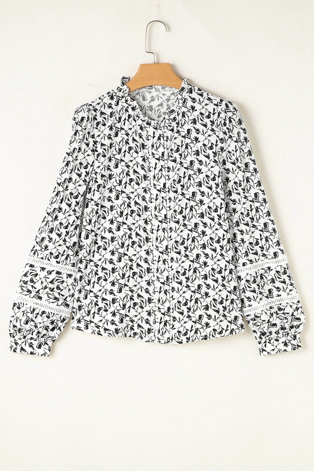 Black Printed Lace Detail Floral Puff Sleeve Fall Shirt - Goddess Vibes