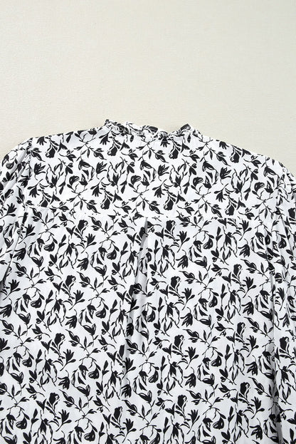 Black Printed Lace Detail Floral Puff Sleeve Fall Shirt - Goddess Vibes