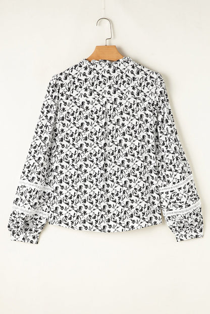 Black Printed Lace Detail Floral Puff Sleeve Fall Shirt - Goddess Vibes