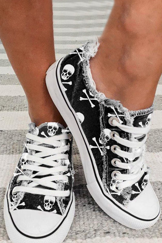 Black Skull Print Lace - up Canvas Sneakers - Goddess Vibes