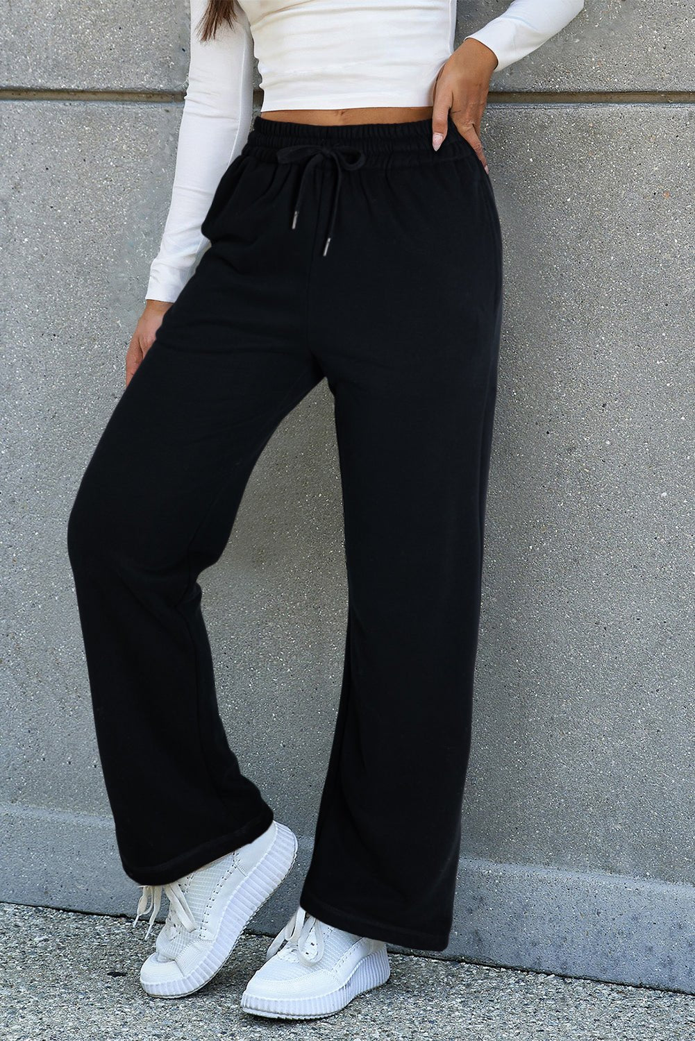 Black Solid Color Fleece Lined Drawstring Waist Casual Pants - Crowned Energy CO.