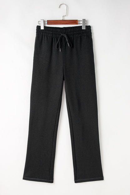 Black Solid Color Fleece Lined Drawstring Waist Casual Pants - Crowned Energy CO.