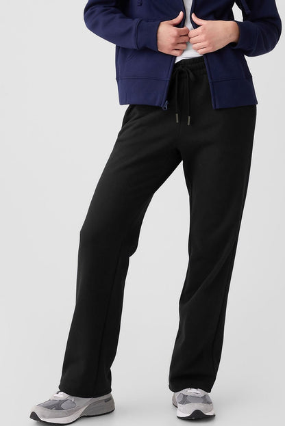 Black Solid Color Fleece Lined Drawstring Waist Casual Pants - Crowned Energy CO.