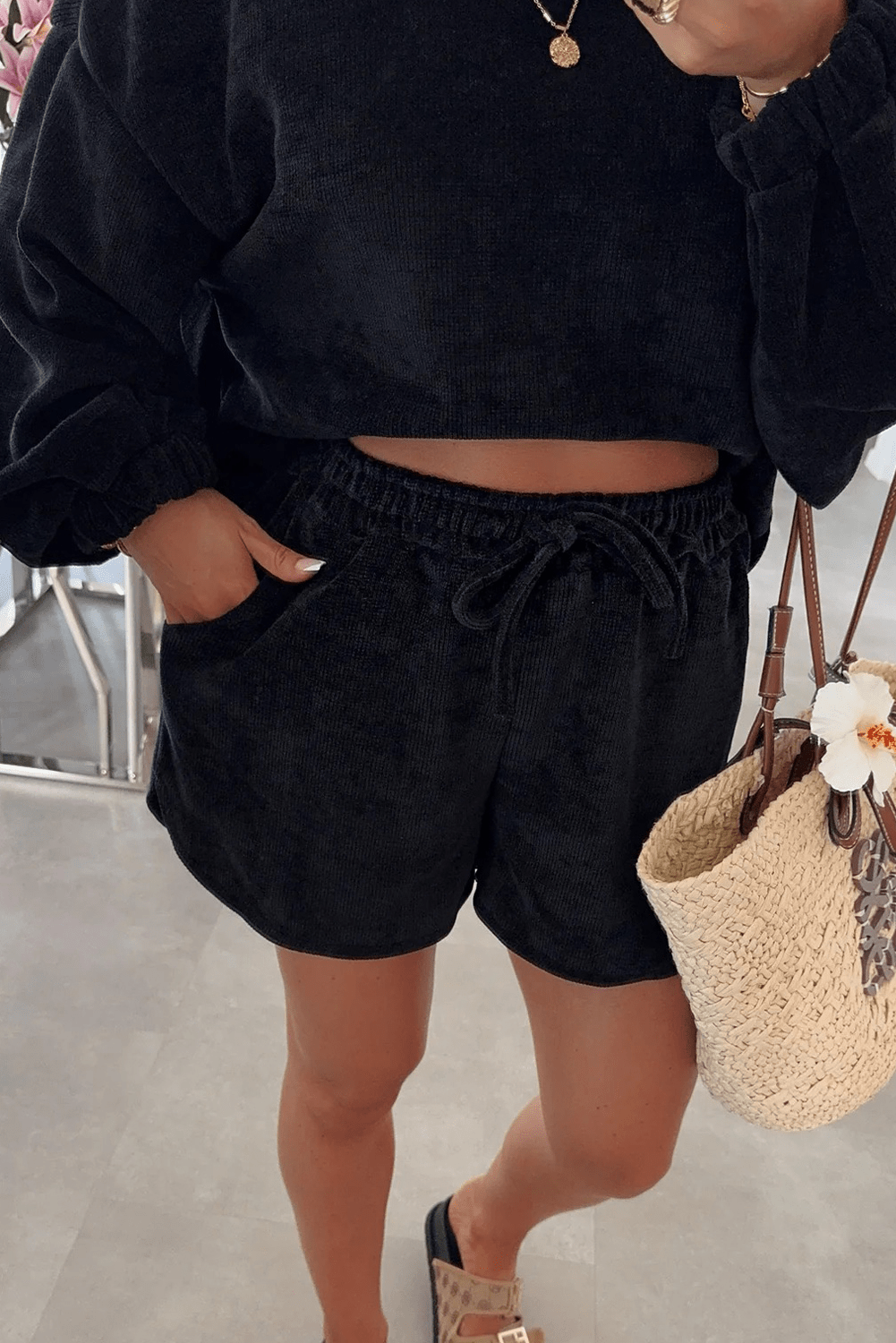 Black Solid Color Textured Knit Drop Shoulder Pullover Drawstring Shorts Set - Goddess Vibes