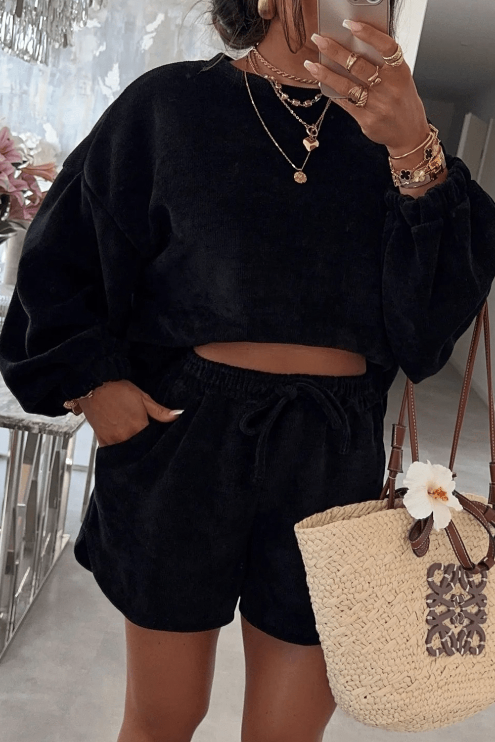 Black Solid Color Textured Knit Drop Shoulder Pullover Drawstring Shorts Set - Goddess Vibes