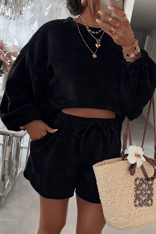 Black Solid Color Textured Knit Drop Shoulder Pullover Drawstring Shorts Set - Goddess Vibes