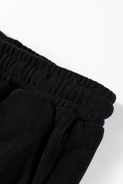 Black Solid Color Textured Knit Drop Shoulder Pullover Drawstring Shorts Set - Goddess Vibes