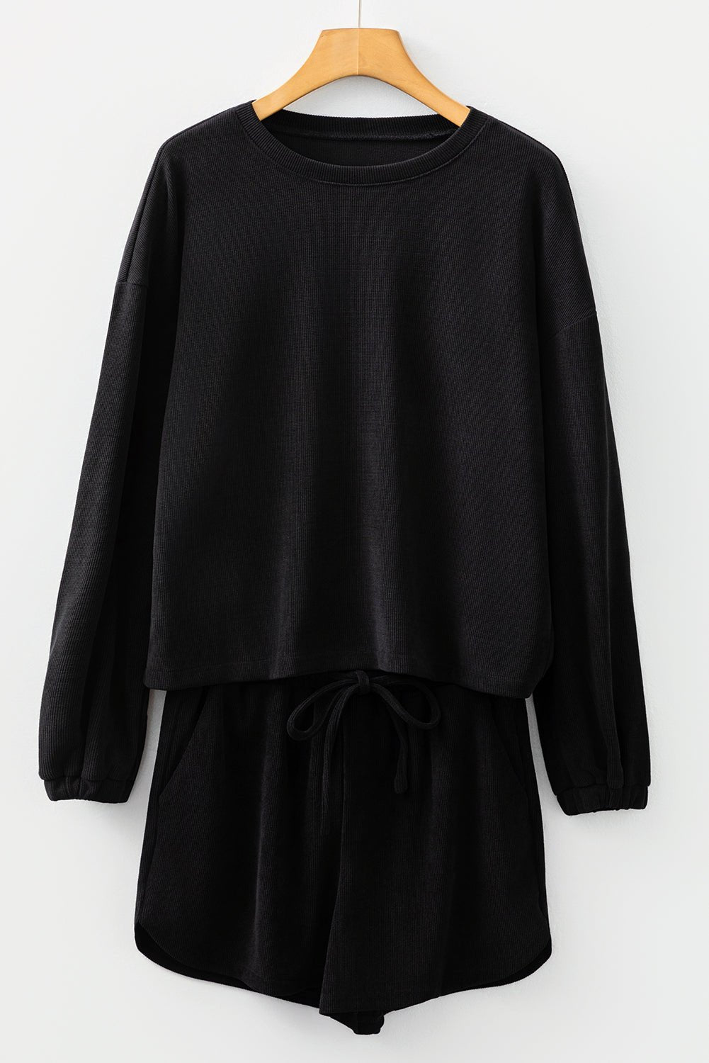 Black Solid Color Textured Knit Drop Shoulder Pullover Drawstring Shorts Set - Goddess Vibes