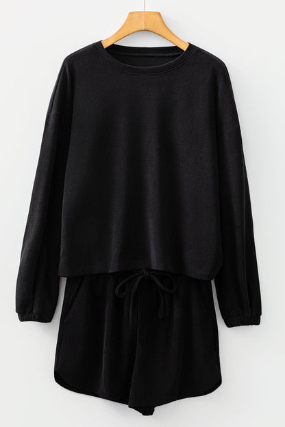 Black Solid Color Textured Knit Drop Shoulder Pullover Drawstring Shorts Set - Goddess Vibes