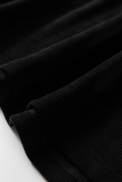 Black Solid Color Textured Knit Drop Shoulder Pullover Drawstring Shorts Set - Goddess Vibes