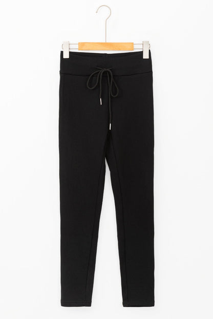 Black Solid Drawstring Waist Thermal Lined Leggings - Goddess Vibes