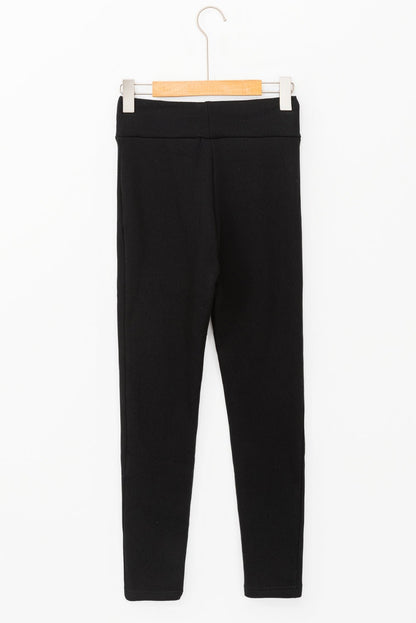 Black Solid Drawstring Waist Thermal Lined Leggings - Goddess Vibes