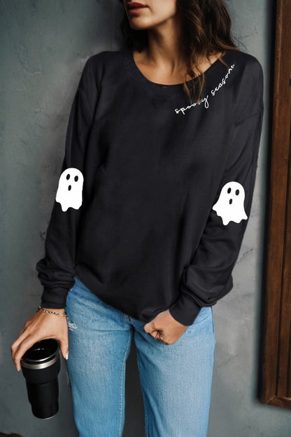 Black Spooky Season Halloween Ghost Printed Drop Shoulder Sweatshirt - Goddess Vibes