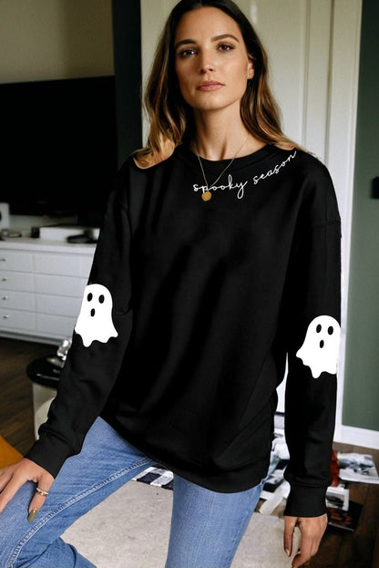 Black Spooky Season Halloween Ghost Printed Drop Shoulder Sweatshirt - Goddess Vibes