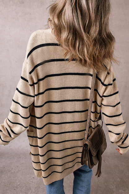 Black Stripe Shawl Neckline Open Cardigan with Pockets - Goddess Vibes
