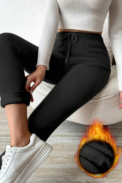 Black Thermal Lined Drawstring High Waist Leggings - Goddess Vibes
