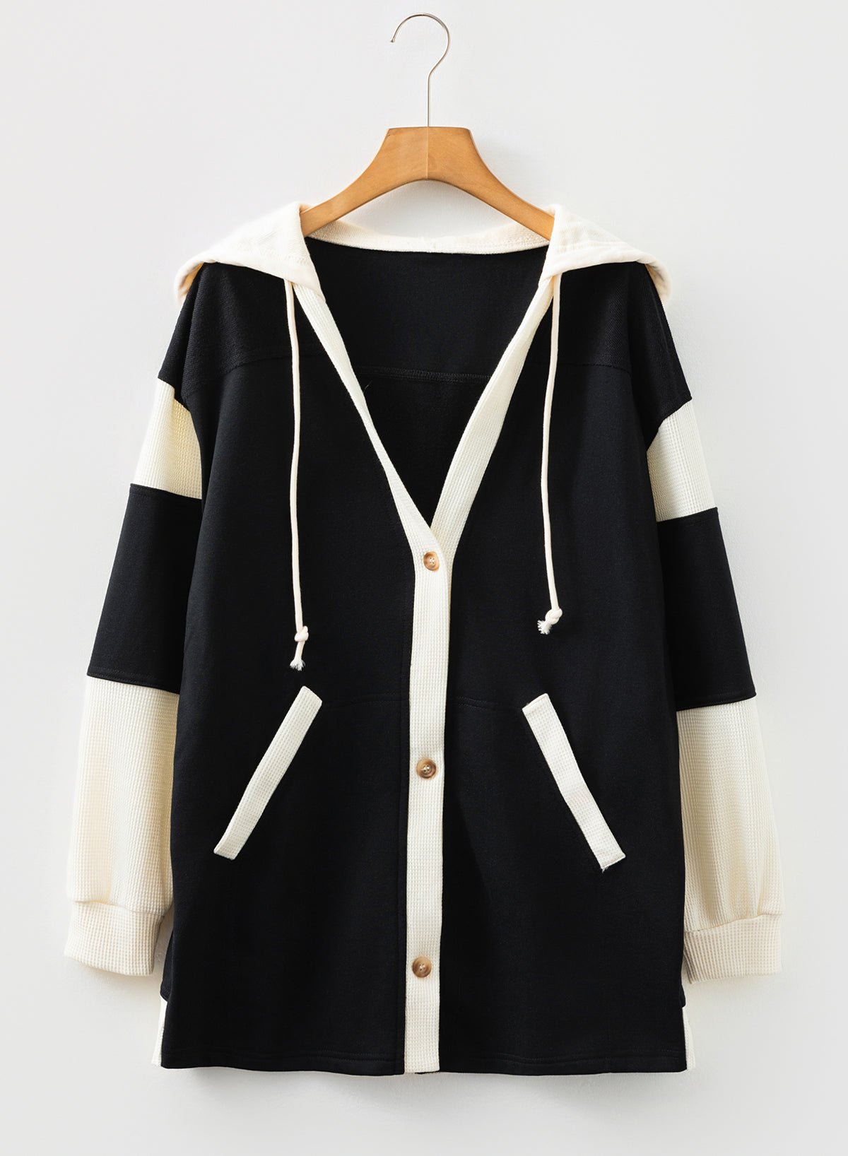 Black Waffle Contrast Knit Color Block Patchwork Button Front Oversize Hoodie - Goddess Vibes