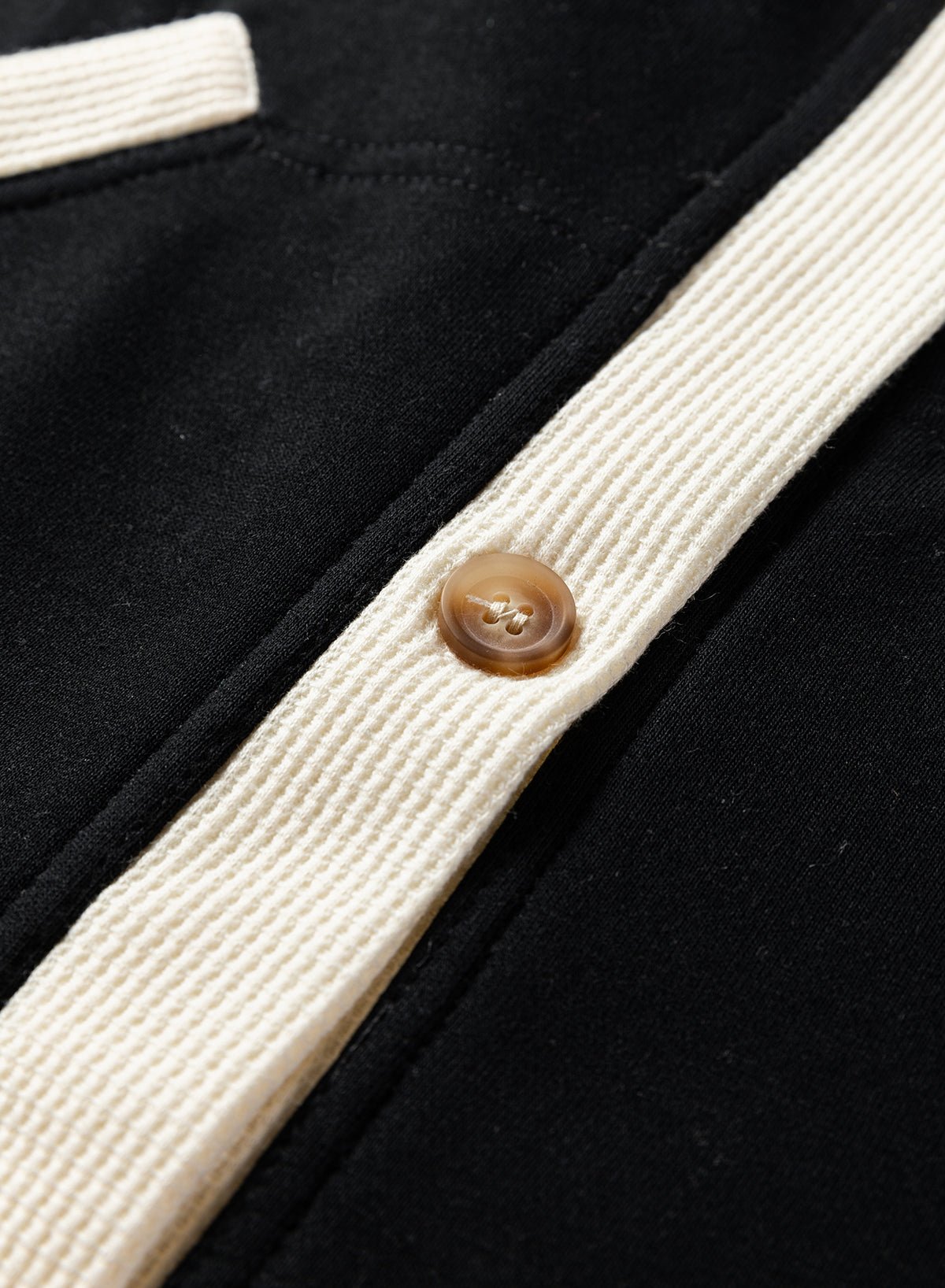 Black Waffle Contrast Knit Color Block Patchwork Button Front Oversize Hoodie - Goddess Vibes