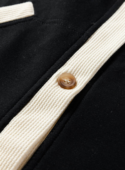 Black Waffle Contrast Knit Color Block Patchwork Button Front Oversize Hoodie - Goddess Vibes