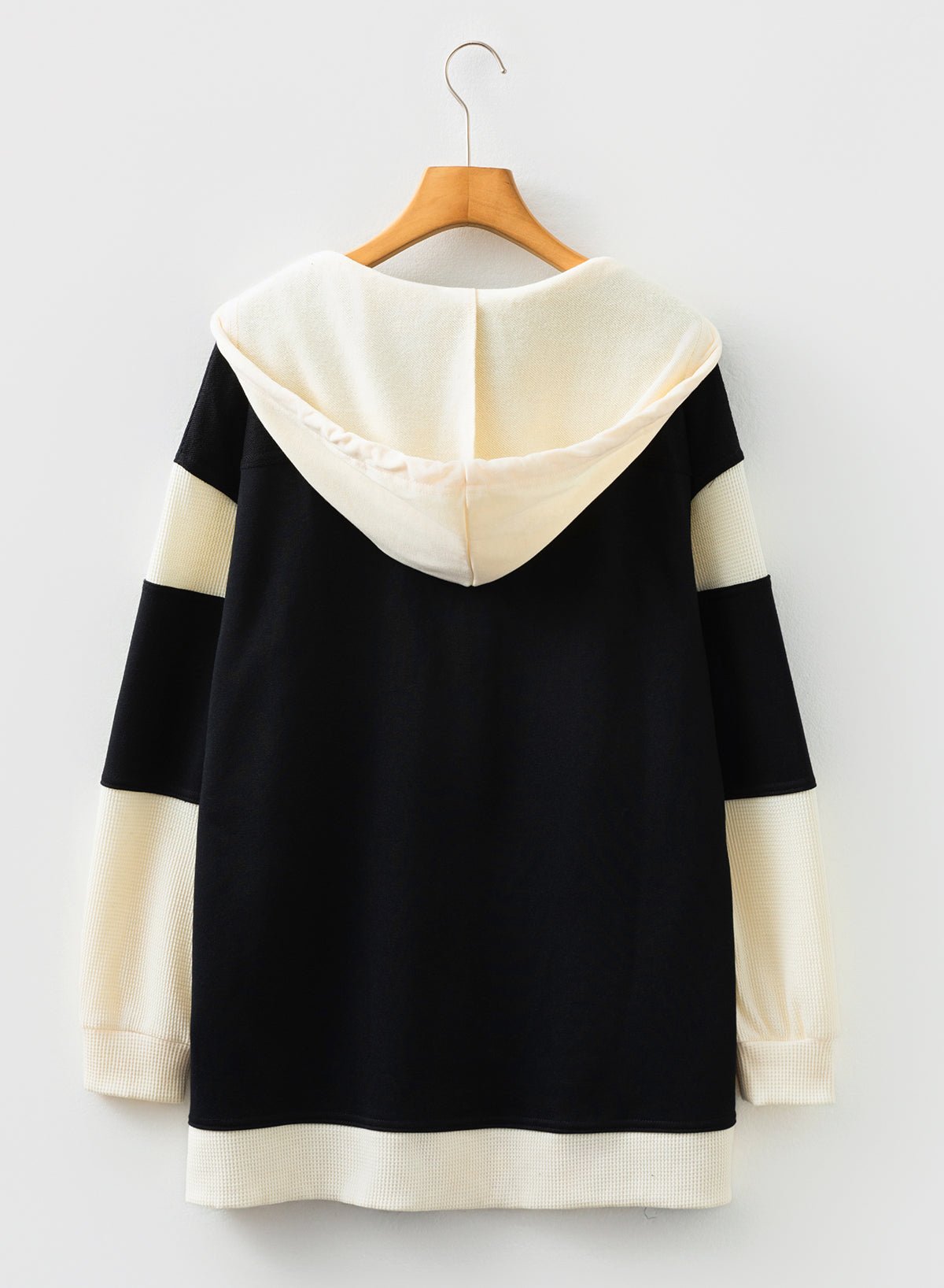 Black Waffle Contrast Knit Color Block Patchwork Button Front Oversize Hoodie - Goddess Vibes