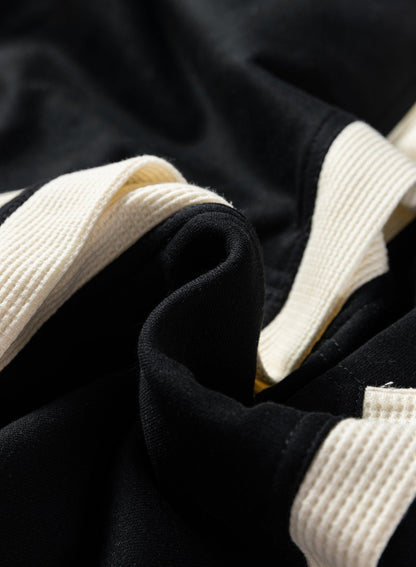 Black Waffle Contrast Knit Color Block Patchwork Button Front Oversize Hoodie - Goddess Vibes