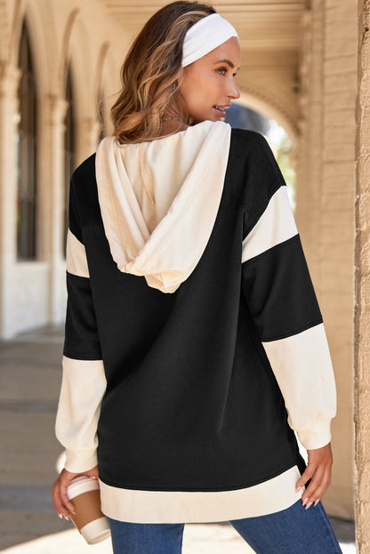 Black Waffle Contrast Knit Color Block Patchwork Button Front Oversize Hoodie - Goddess Vibes