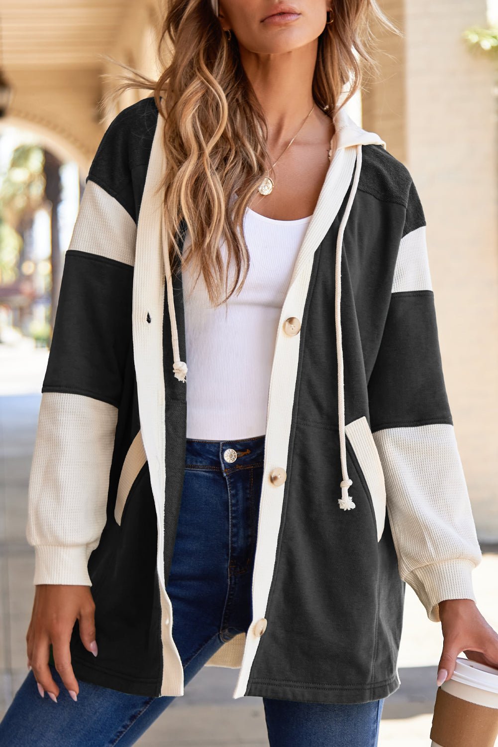 Black Waffle Contrast Knit Color Block Patchwork Button Front Oversize Hoodie - Goddess Vibes