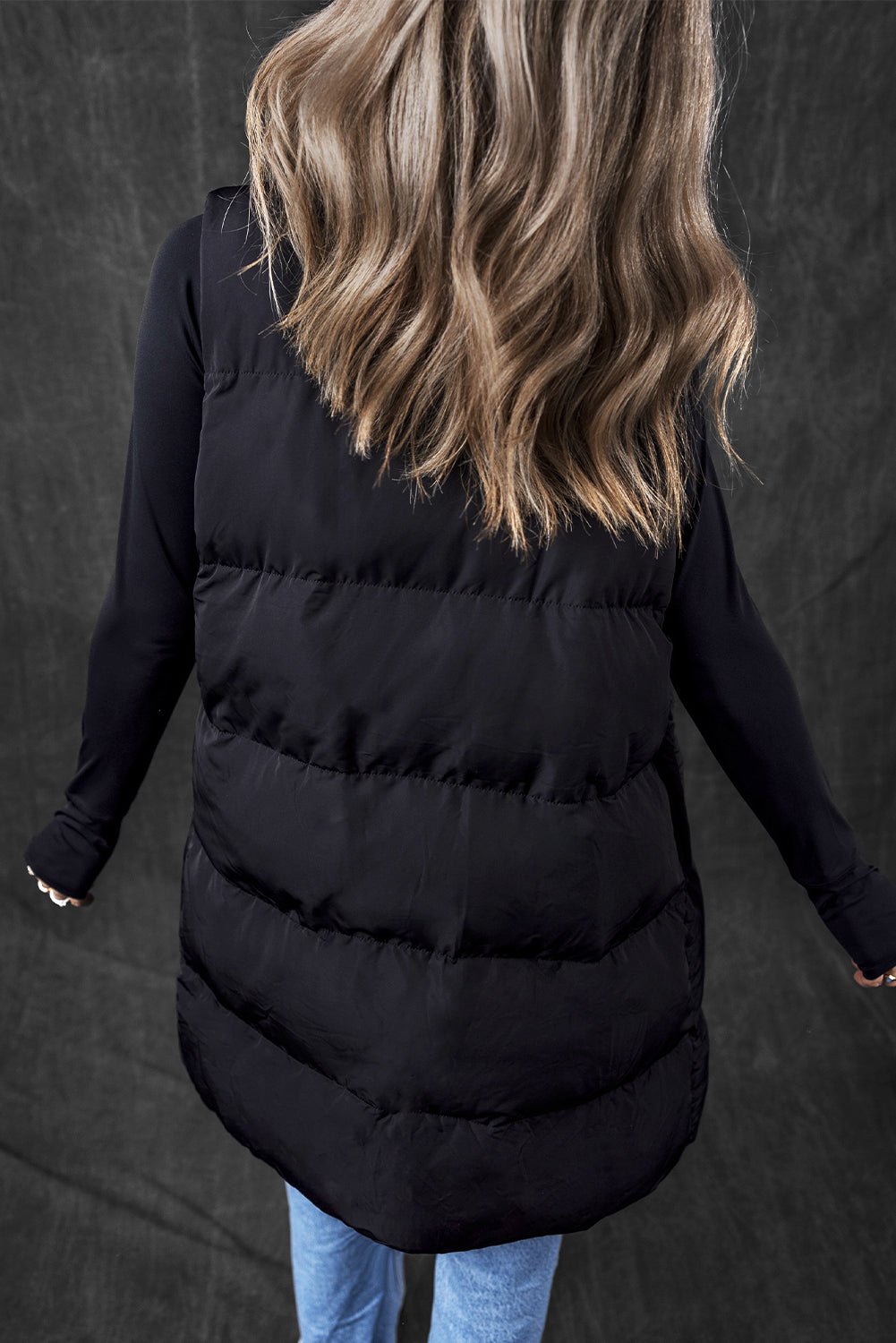 Black Windproof Longline Full Zipper Puffer Vest with Pockets - Goddess Vibes