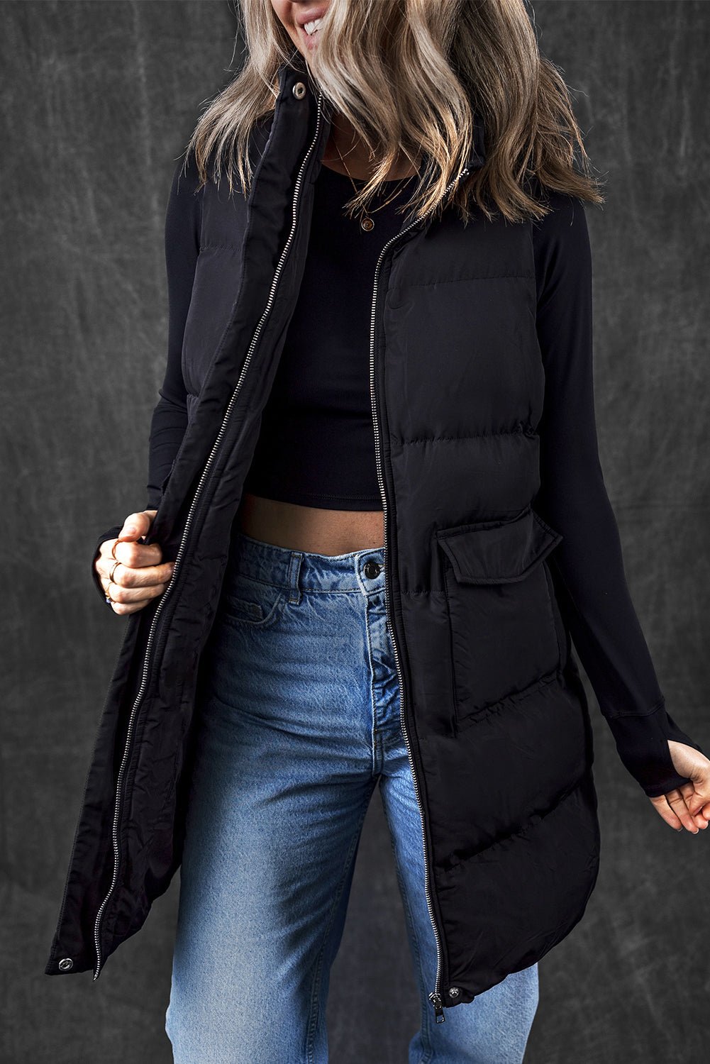 Black Windproof Longline Full Zipper Puffer Vest with Pockets - Goddess Vibes