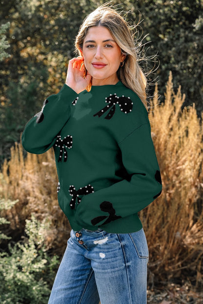 Blackish Green Pearl Embellished Bow Pattern Loose Sweater - Goddess Vibes