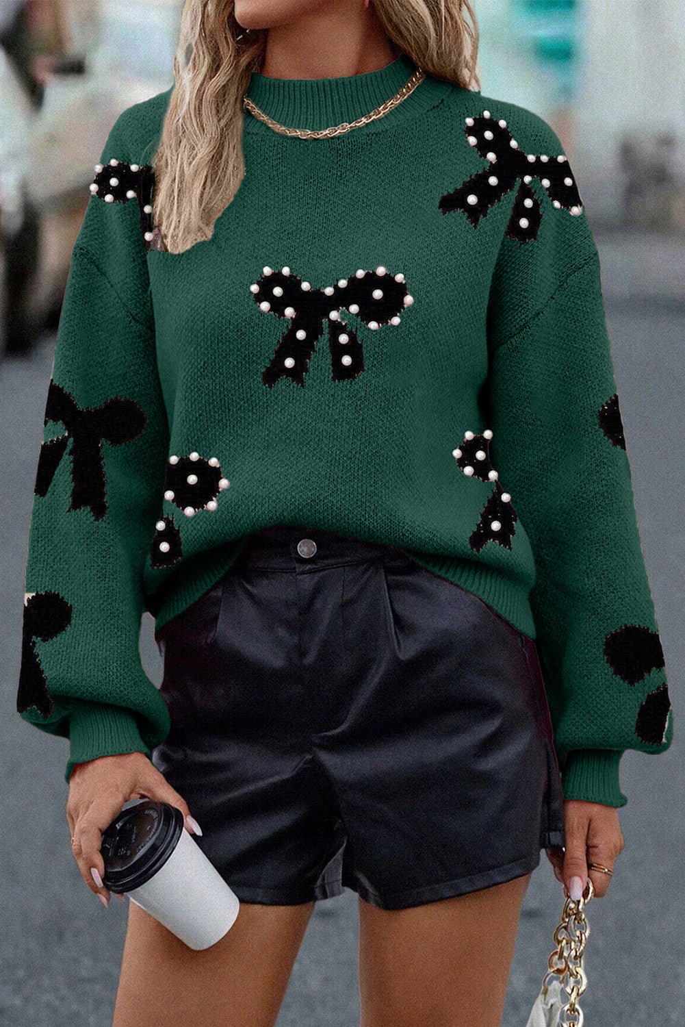 Blackish Green Pearl Embellished Bow Pattern Loose Sweater - Goddess Vibes
