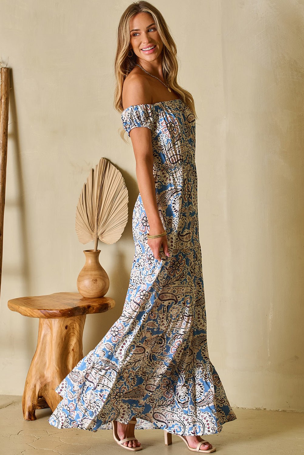 Blue Boho Paisley Print Off Shoulder Maxi Dress - Goddess Vibes