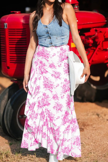 Boho Floral High Waist Ruffle Split Maxi Skirt - Goddess Vibes