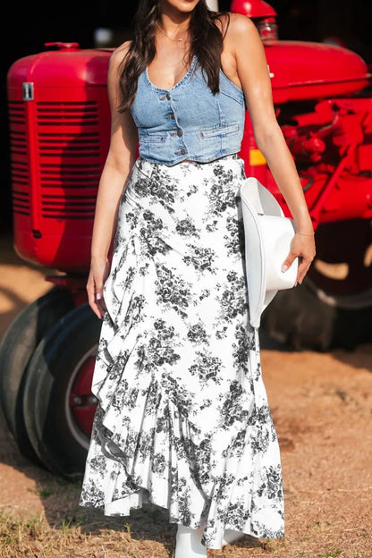 Boho Floral High Waist Ruffle Split Maxi Skirt - Goddess Vibes