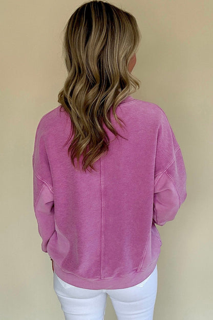 Bright Pink Solid Color Notched Neck Drop Shoulder Sweatshirt - Goddess Vibes