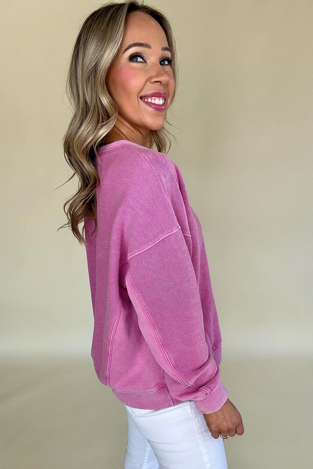 Bright Pink Solid Color Notched Neck Drop Shoulder Sweatshirt - Goddess Vibes