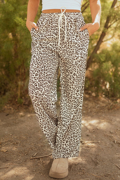 Brown Leopard Drawstring Elastic Waistband Loose Pants - Goddess Vibes