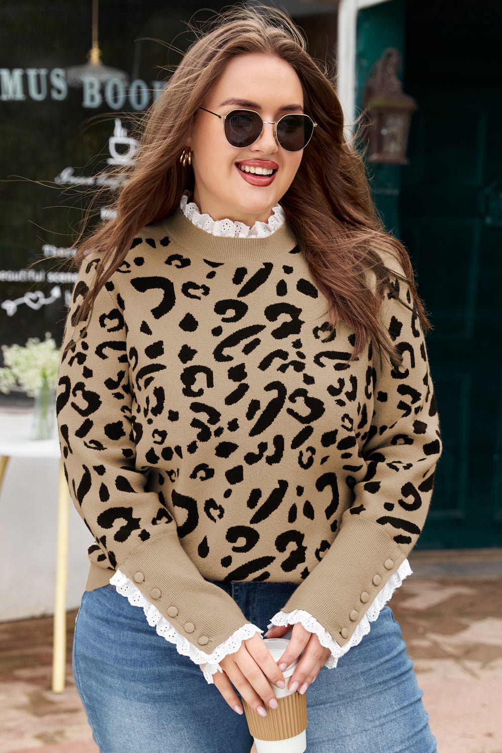 Brown Leopard Knitted Lacy Trim Cuffed Plus Size Sweater - Goddess Vibes