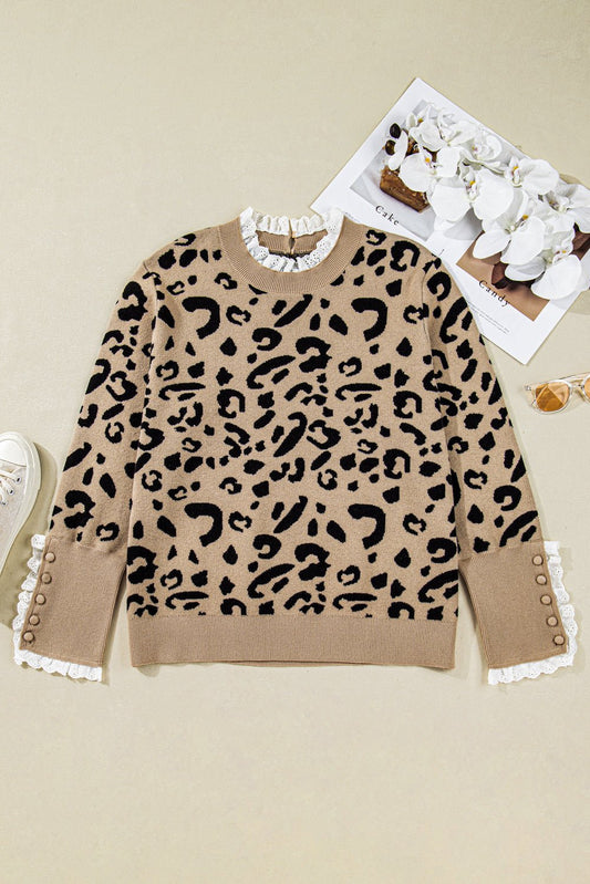 Brown Leopard Knitted Lacy Trim Cuffed Plus Size Sweater - Goddess Vibes